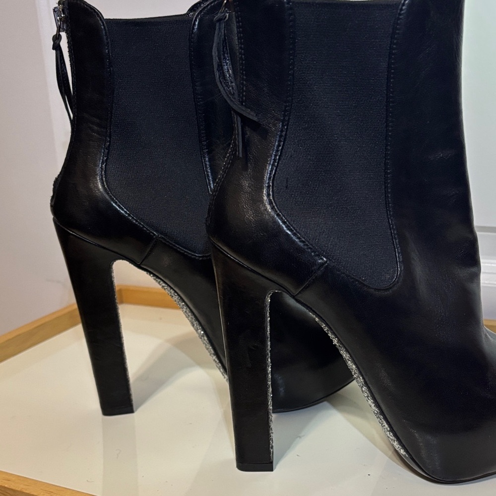 Miu Miu Black Leather Platform Ankle Boots with Glitter Block Heel size 36.5 - Picture 7 of 15